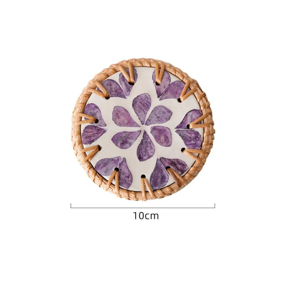 Boho Rattan Shell Coaster – Colorful 10cm Cup Mat