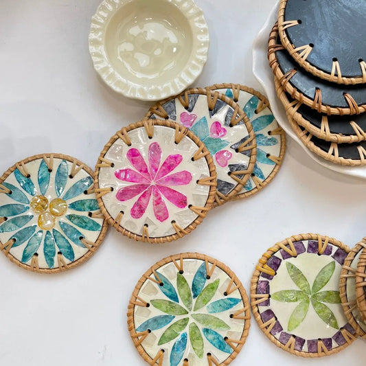 Boho Rattan Shell Coaster – Colorful 10cm Cup Mat
