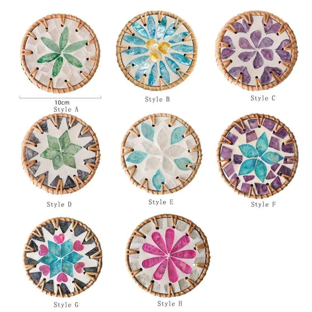 Boho Rattan Shell Coaster – Colorful 10cm Cup Mat