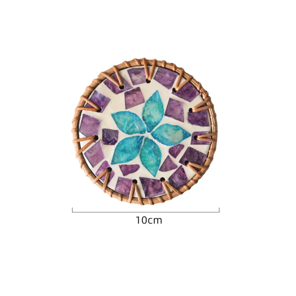 Boho Rattan Shell Coaster – Colorful 10cm Cup Mat
