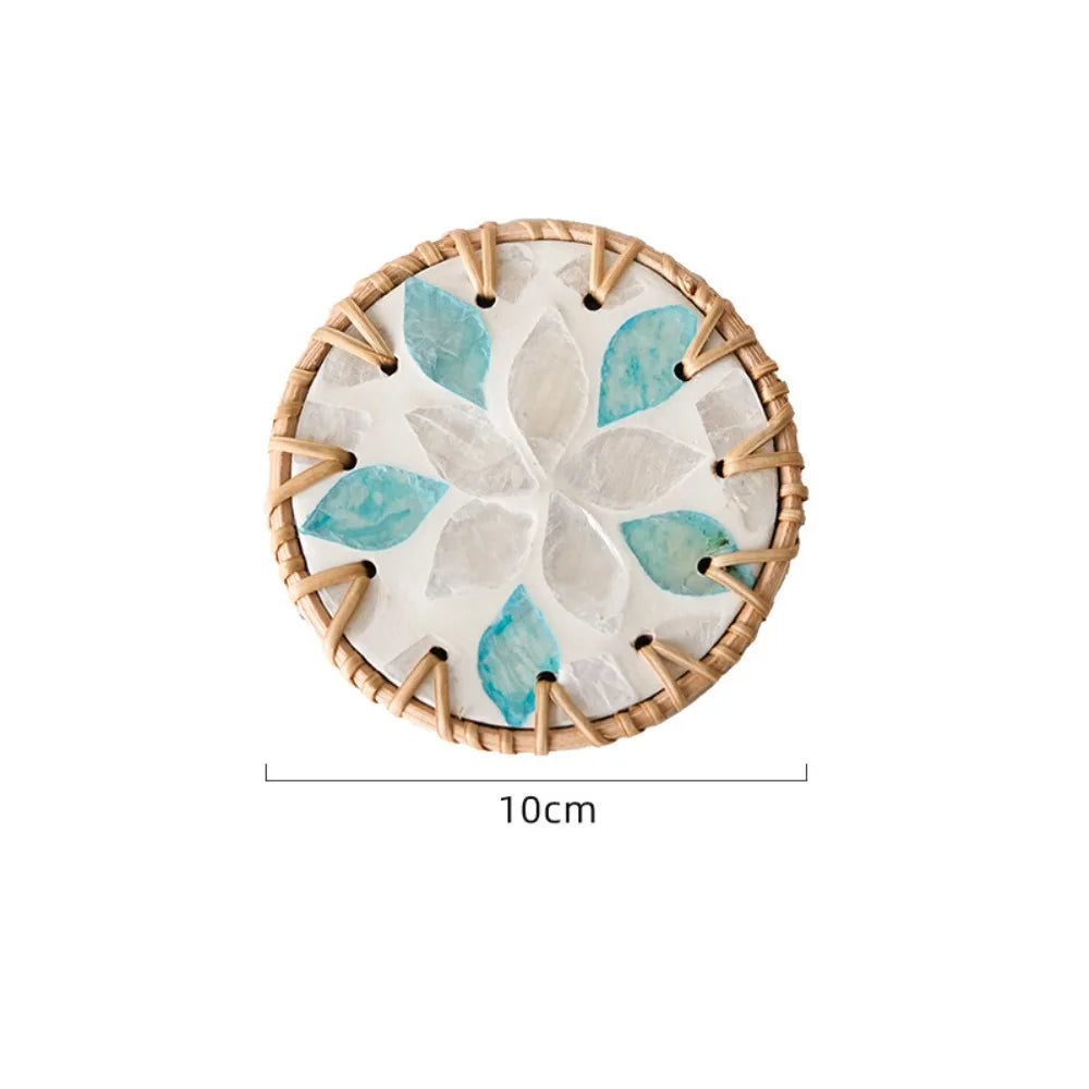 Boho Rattan Shell Coaster – Colorful 10cm Cup Mat