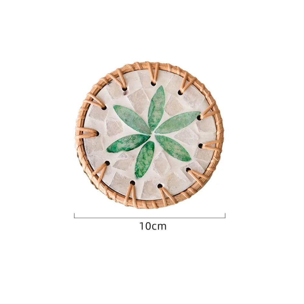 Boho Rattan Shell Coaster – Colorful 10cm Cup Mat