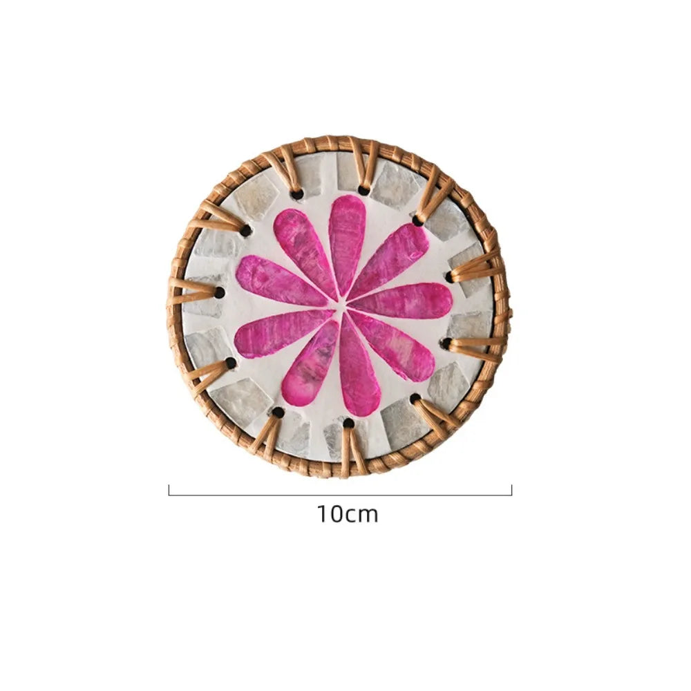 Boho Rattan Shell Coaster – Colorful 10cm Cup Mat