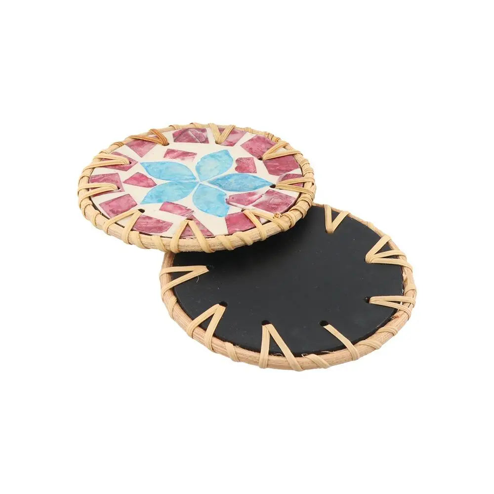 Boho Rattan Shell Coaster – Colorful 10cm Cup Mat