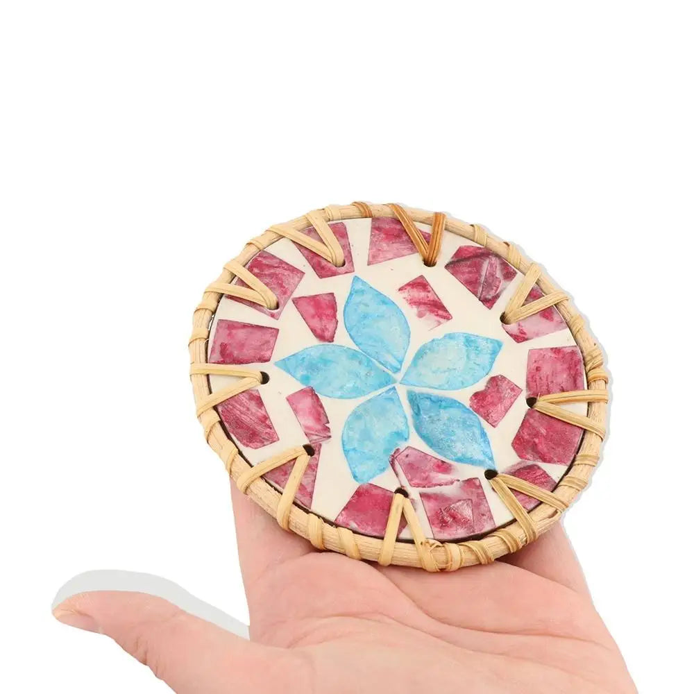 Boho Rattan Shell Coaster – Colorful 10cm Cup Mat