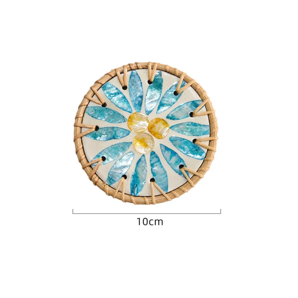 Boho Rattan Shell Coaster – Colorful 10cm Cup Mat
