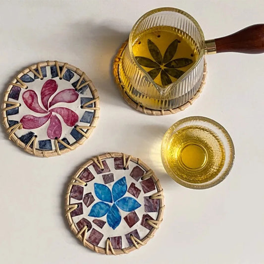 Boho Rattan Shell Coaster – Colorful 10cm Cup Mat