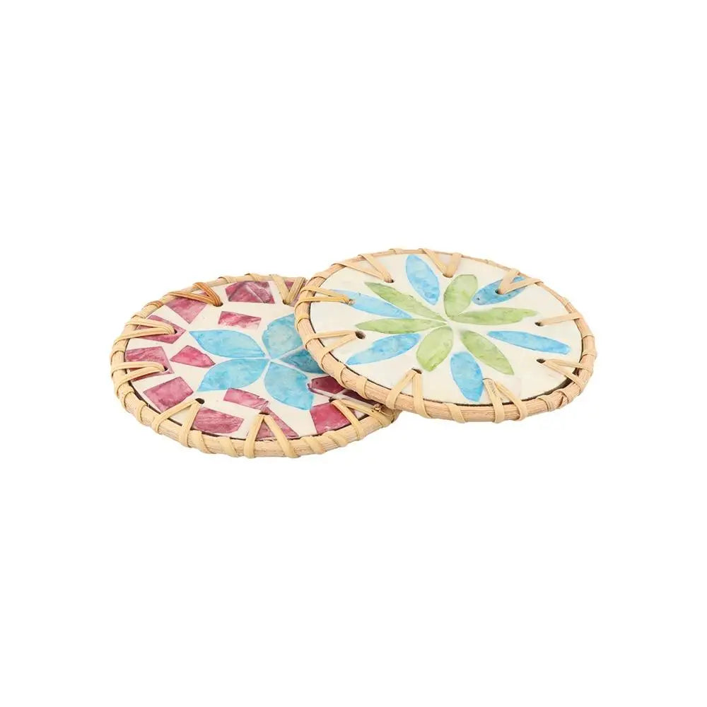 Boho Rattan Shell Coaster – Colorful 10cm Cup Mat