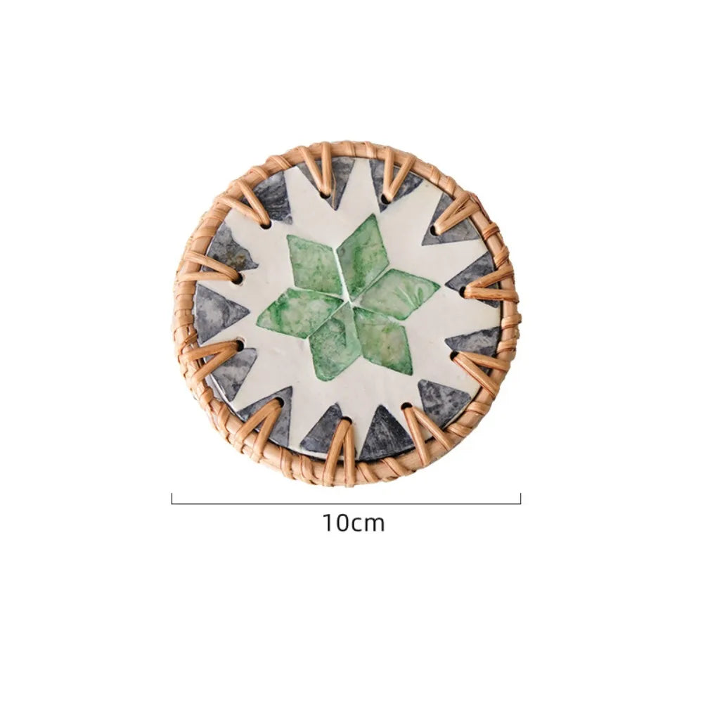 Boho Rattan Shell Coaster – Colorful 10cm Cup Mat